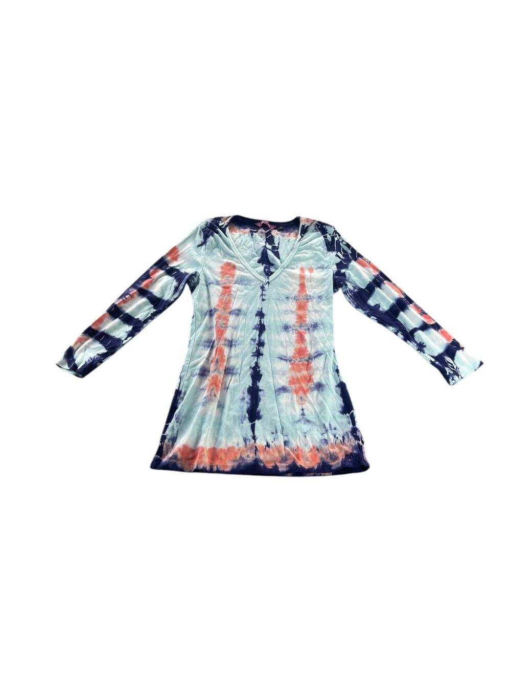 IDI Blue Coral Tie Dye Long Sleeve V-Neck Top Women's Size Small